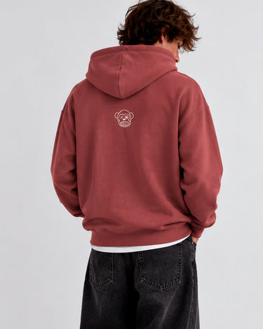 Sudadera unisex color vino con capucha, bordado de mono en la parte posterior.
