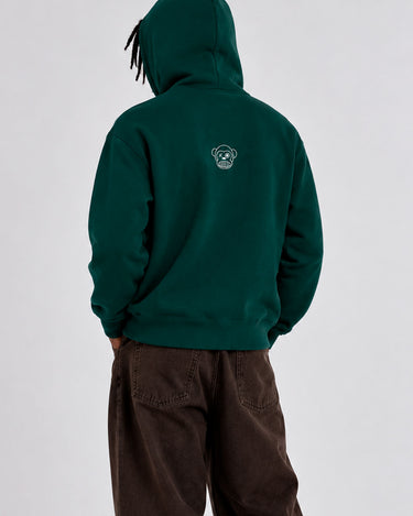Sudadera unisex verde oscuro con capucha, bordado de un mono en la parte posterior.