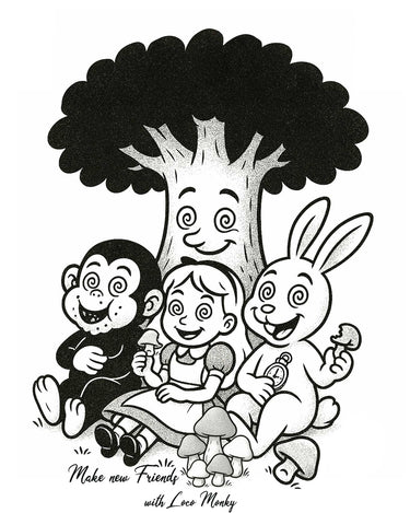 Dibujo en blanco y negro de un mono, una niña, un conejo y un árbol, con el texto 'Make new Friends with Loco Monky'.
