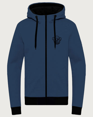 Sudadera con cremallera azul profundo, capucha y diseño de mono en el pecho.