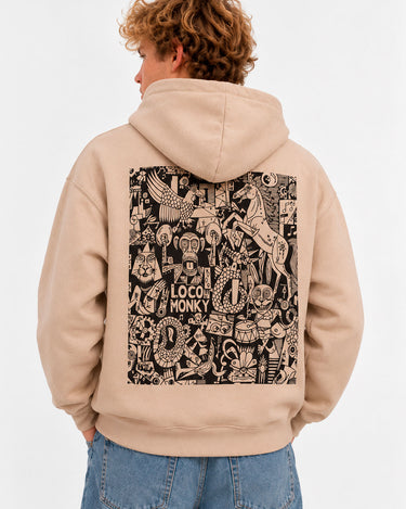 Sudadera beige unisex con diseño gráfico negro en la espalda, logo de Loco Monky visible.