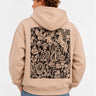 Sudadera beige unisex con diseño gráfico negro en la espalda, logo de Loco Monky visible.