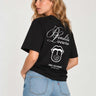 Camiseta negra de mujer con diseño en la espalda que dice 'Bendita Locura' y logo de Loco Monky.