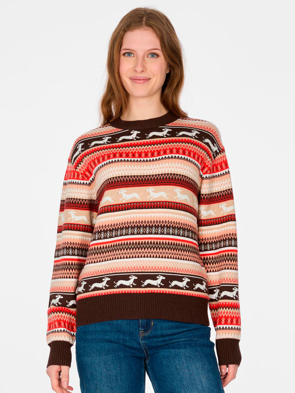 Jersey de mujer con diseño de rayas en tonos marrón, rojo y beige, con cuello redondo y mangas largas.