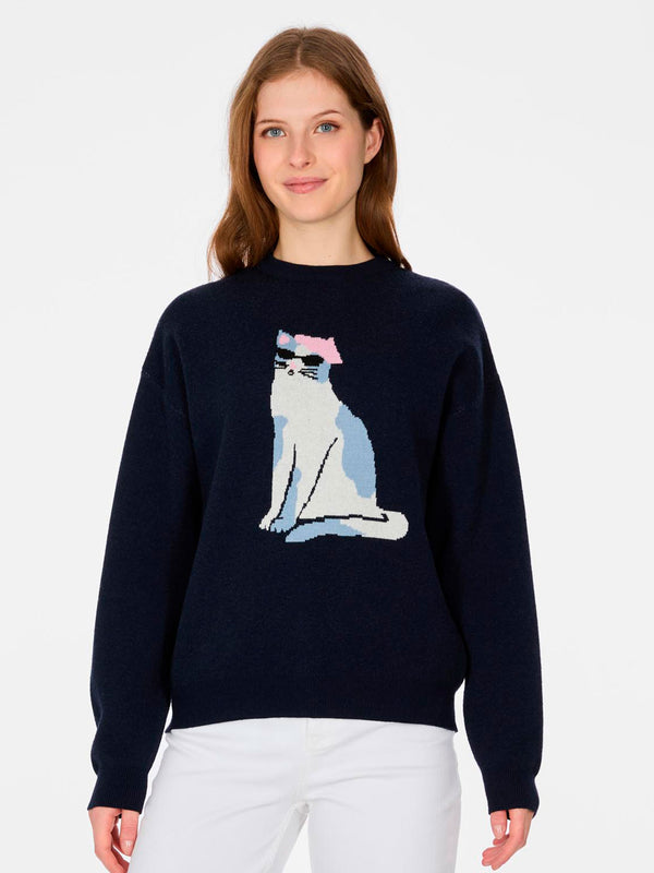 Jersey de mujer color navy con diseño de gato en tonos claros y un lazo rosa en la cabeza.