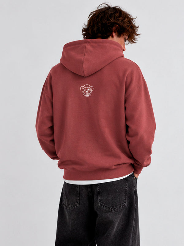 Sudadera unisex color vino con capucha, bordado de mono en la parte posterior.