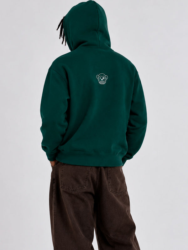Sudadera unisex verde oscuro con capucha, bordado de un mono en la parte posterior.