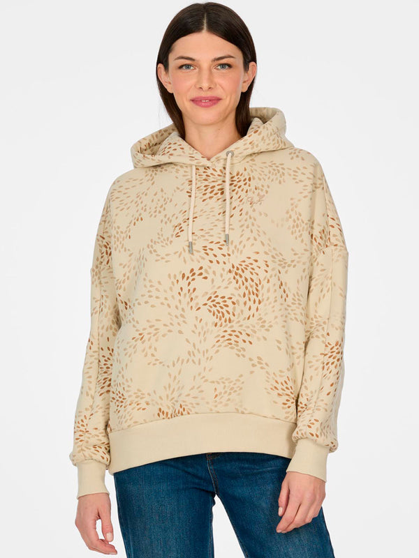 Sudadera de mujer color ecru con estampado en tonos marrones y capucha, con mangas largas y corte amplio.