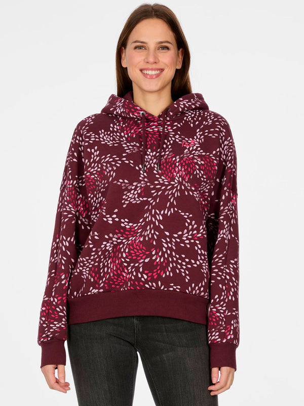 Sudadera de mujer color vino con estampado floral en tonos rosas, capucha y ajuste cómodo.