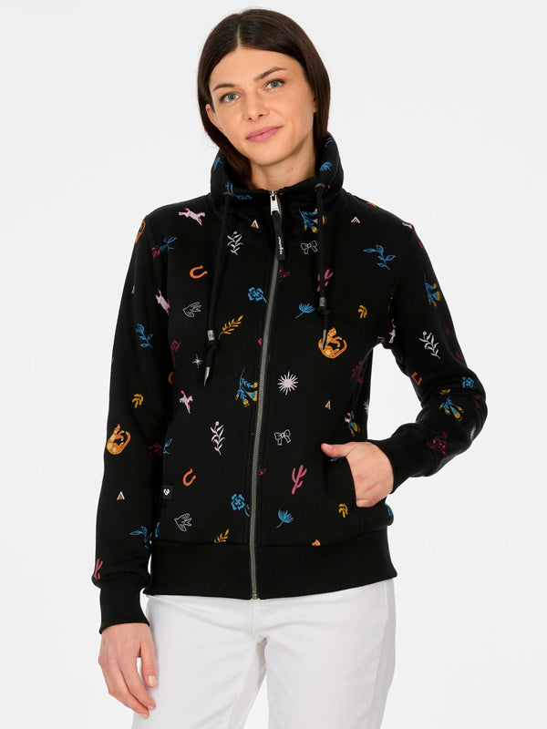 Sudadera negra con cremallera, estampado colorido de flores y símbolos, capucha y bolsillos laterales.