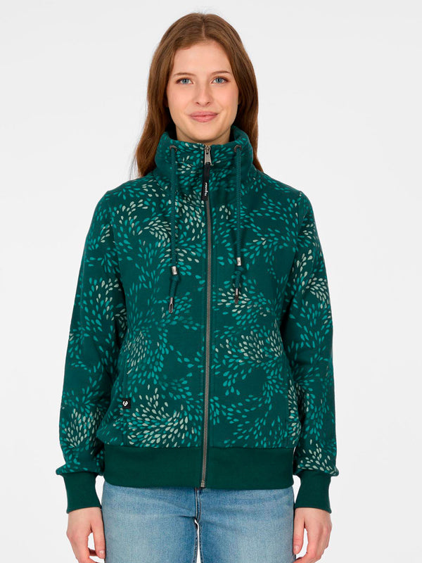 Sudadera de mujer con cremallera en verde oscuro, estampado de hojas, con capucha y cordones ajustables.