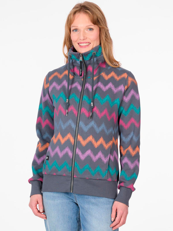 Sudadera de mujer con cremallera en gris oscuro, diseño de zigzag en colores vibrantes como rosa y verde.