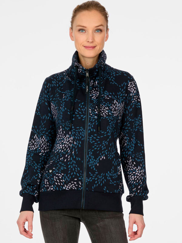 Sudadera de mujer navy con estampado de hojas en tonos azules y morados, cremallera y cuello alto.