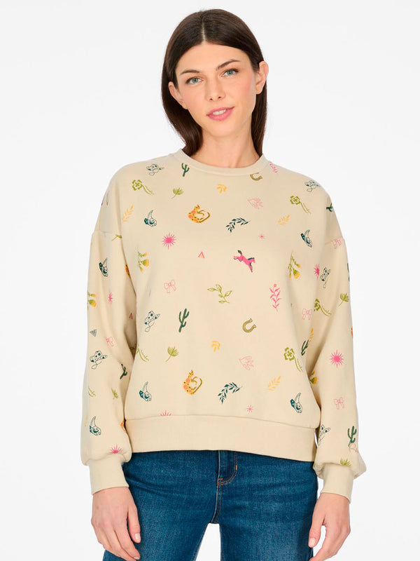 Sudadera de mujer color beige con estampado colorido de animales y plantas, mangas largas y cuello redondo.