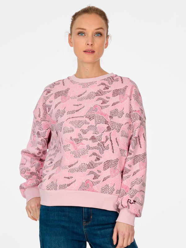 Sudadera de mujer color marshmallow con estampado en tonos rosa y negro, mangas largas y ajuste cómodo.