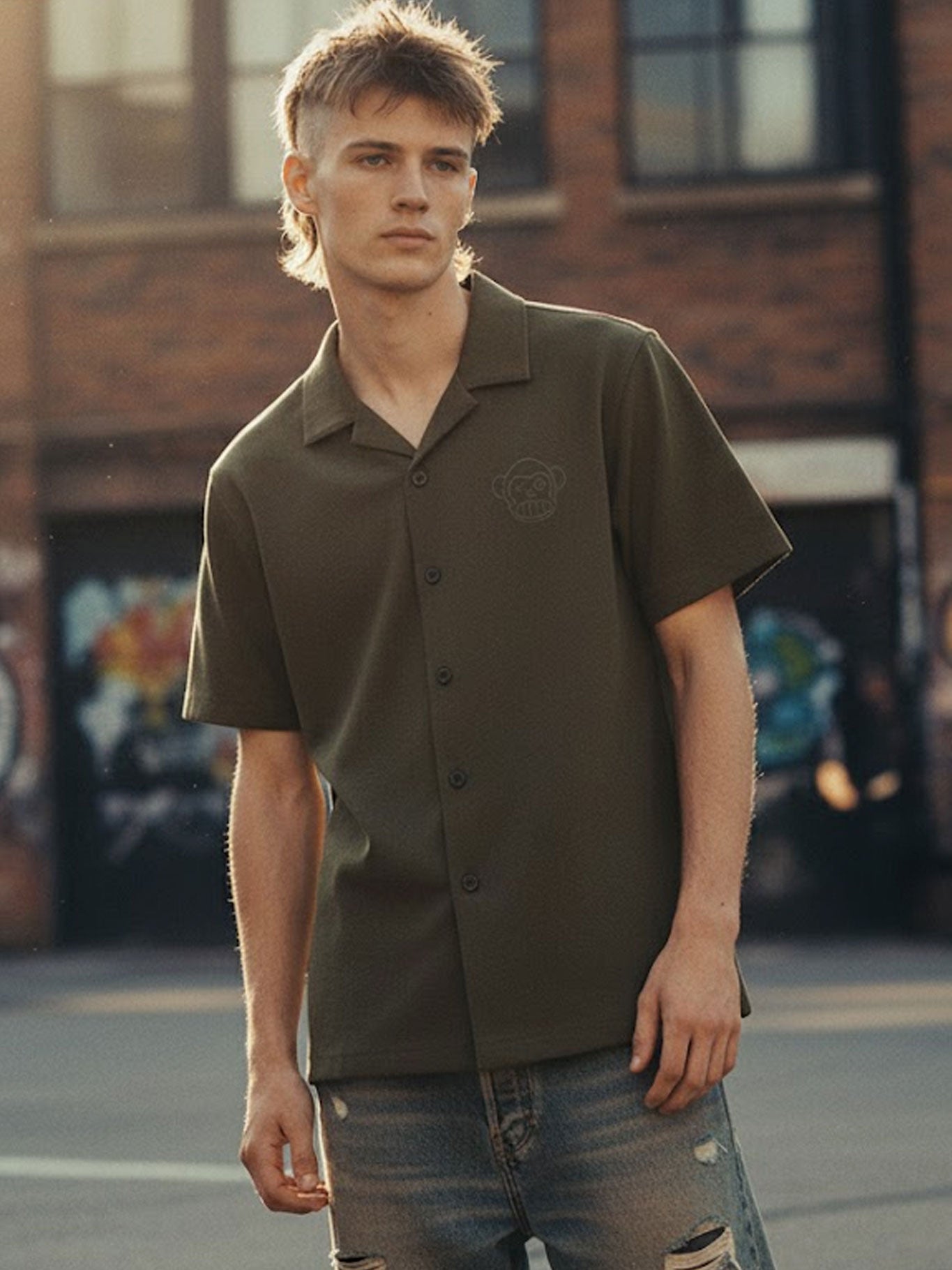 Camisa Unisex Puro Loco B Loco Monky Khaki Moderna y Cómoda