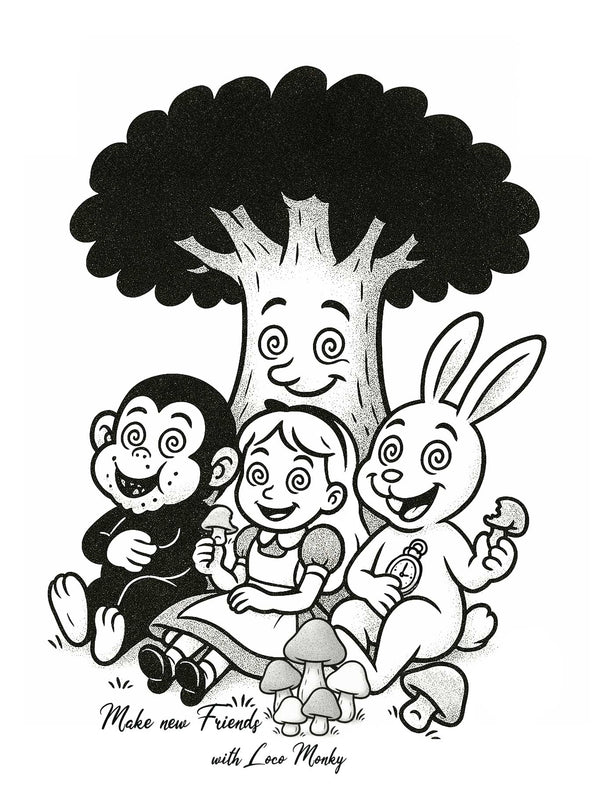 Dibujo en blanco y negro de un mono, una niña, un conejo y un árbol, con el texto 'Make new Friends with Loco Monky'.