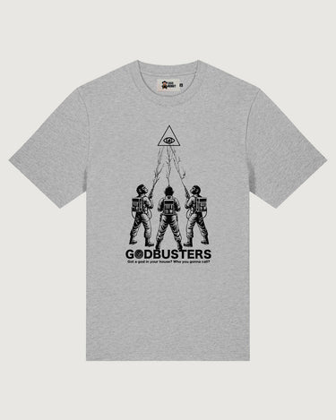 Camiseta Unisex Godbusters Loco Monky Heather Grey Original, diseño divertido inspirado en los Cazafantasmas.