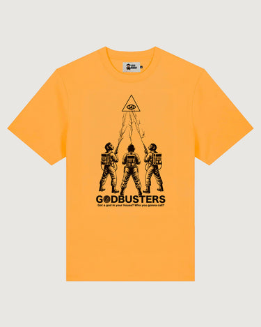 Camiseta Godbusters de Loco Monky Yellow, un diseño divertido inspirado en Cazafantasmas, ideal para cualquier ocasión.