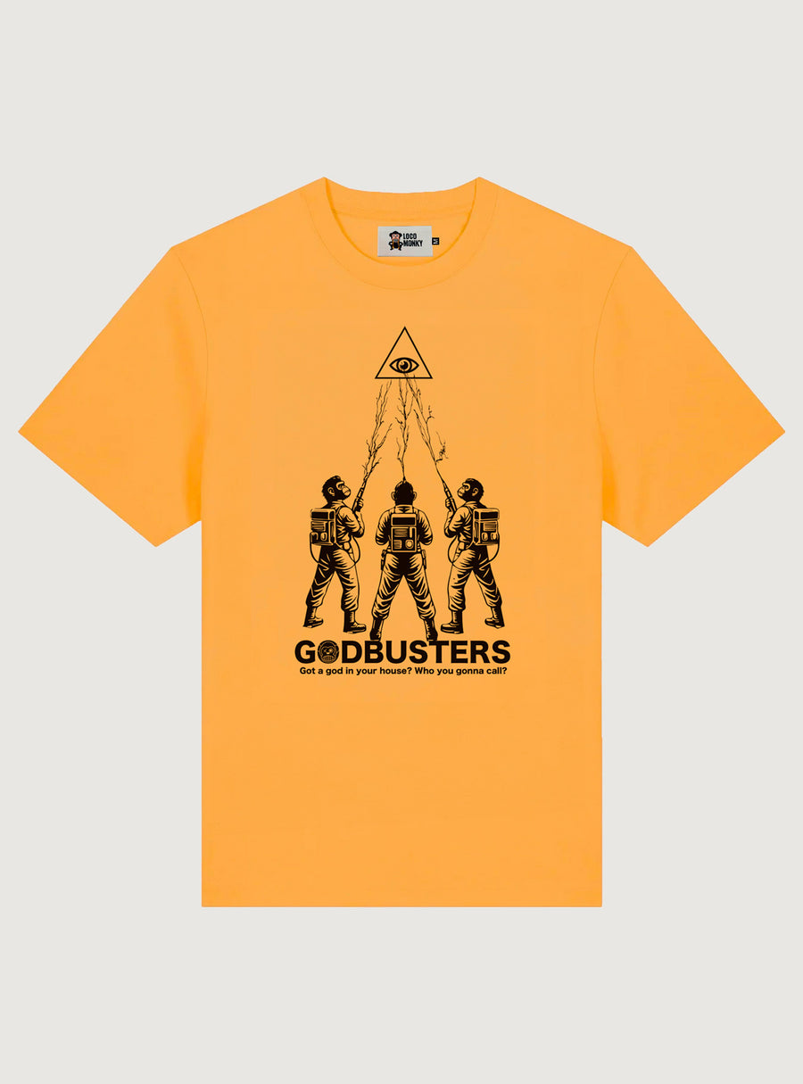 Camiseta Godbusters de Loco Monky Yellow, un diseño divertido inspirado en Cazafantasmas, ideal para cualquier ocasión.