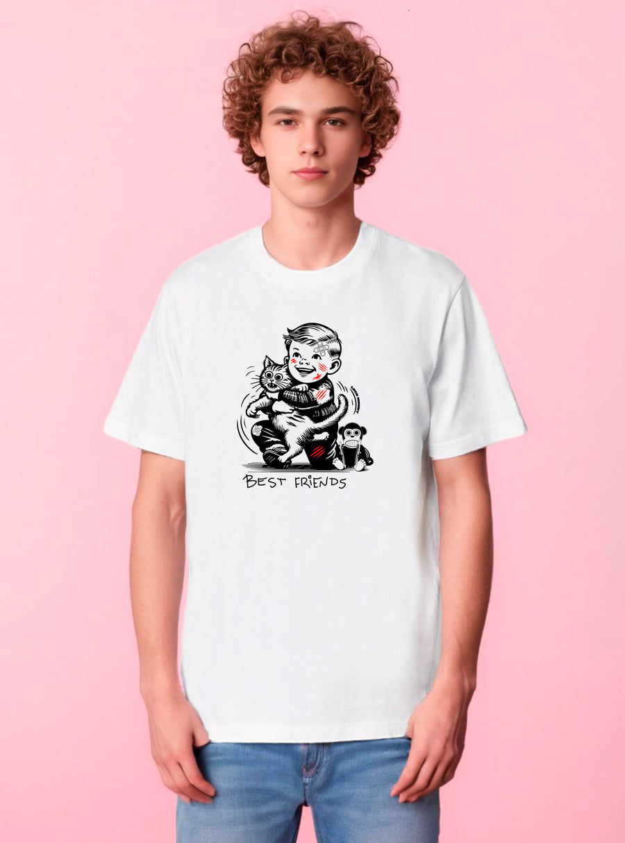 Camiseta Best Friends de Loco Monky white, 100% algodón, diseño único con estampado de niño abrazando.