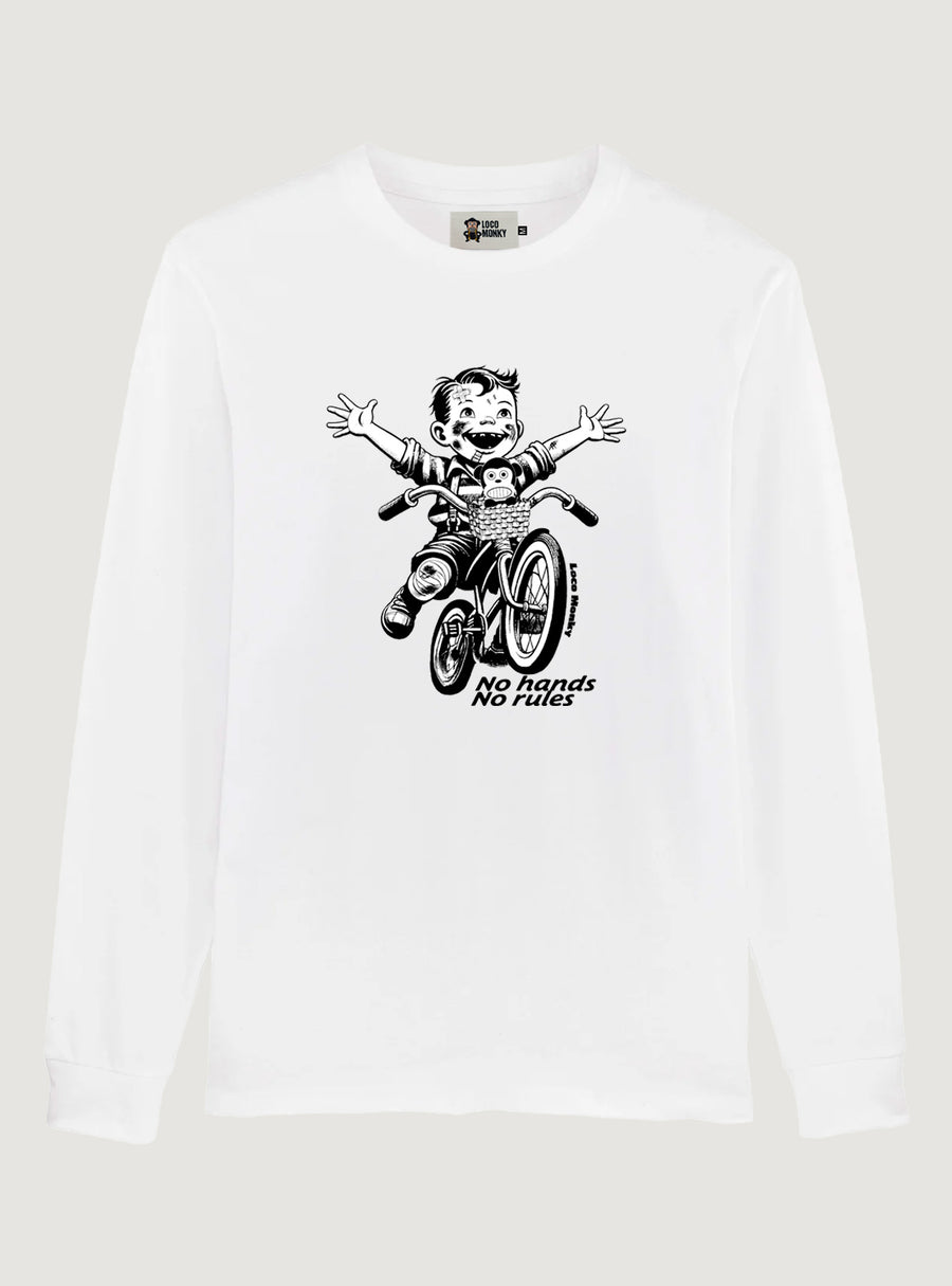 Camiseta manga larga No Rules de Loco Monky white, con diseño divertido y estilo único, ideal para destacar.