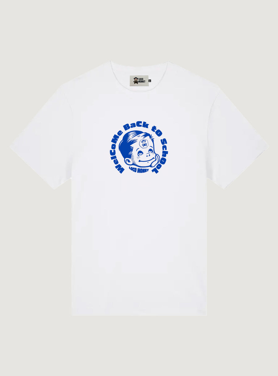 Camiseta Welcome Back de Loco Monky white, 100% algodón, ideal para la vuelta al cole, diseño fresco y moderno.