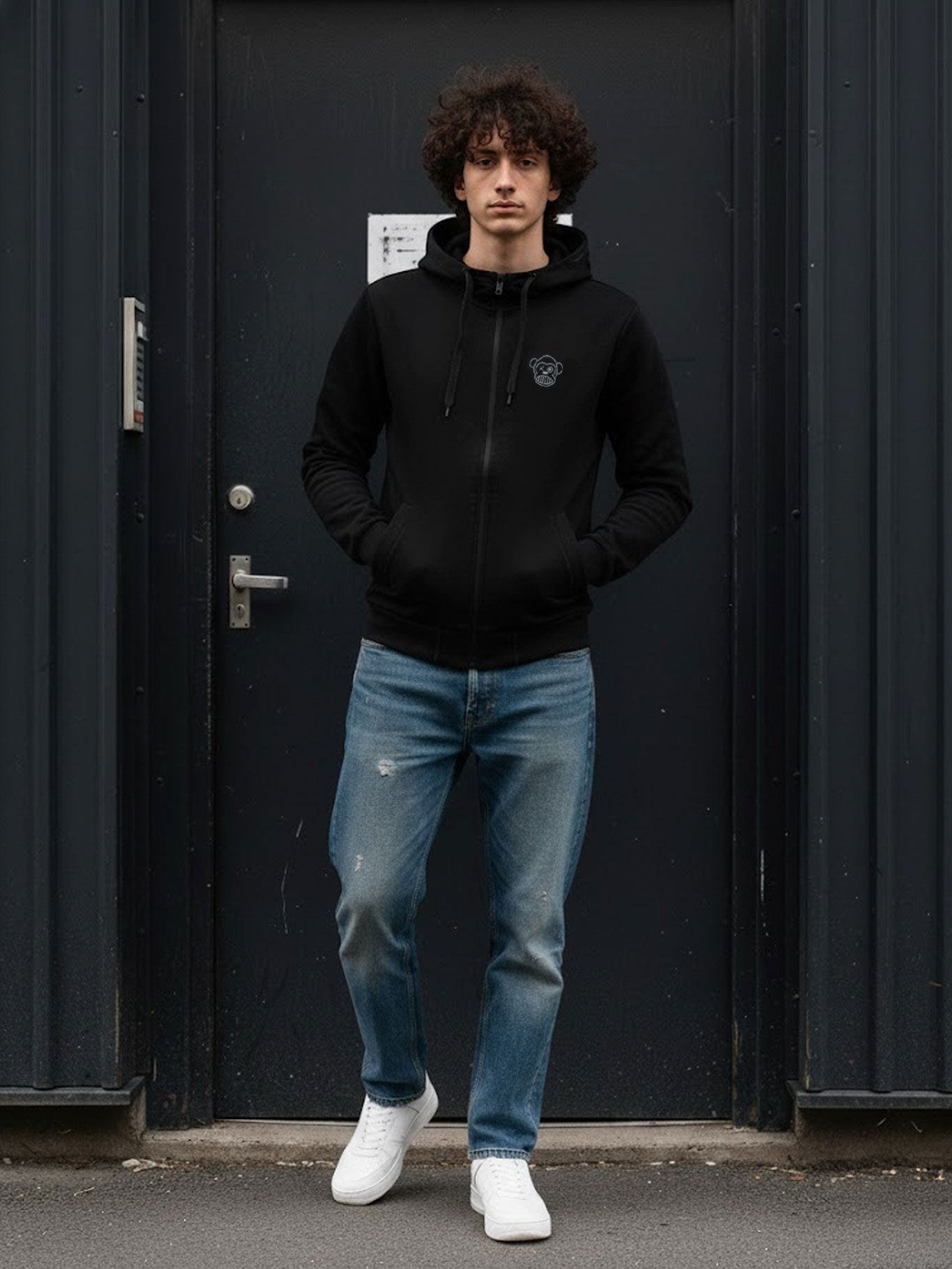 Loco Monky Schwarzer Chimp Kapuzenpullover mit Reißverschluss