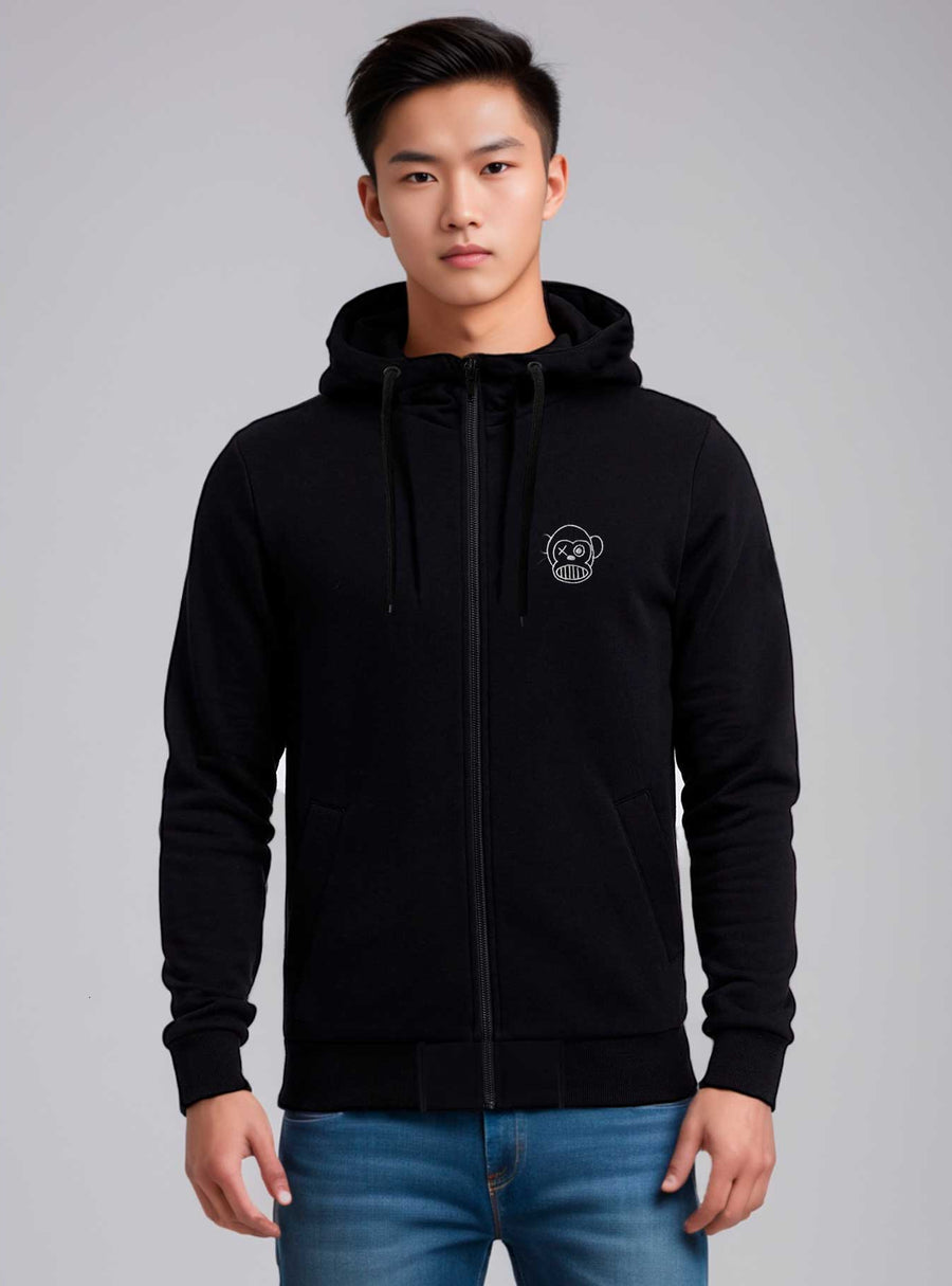 Sudadera con cremallera Chimp de Loco Monky Black, estilo unisex, ideal para comodidad y calidad diaria.