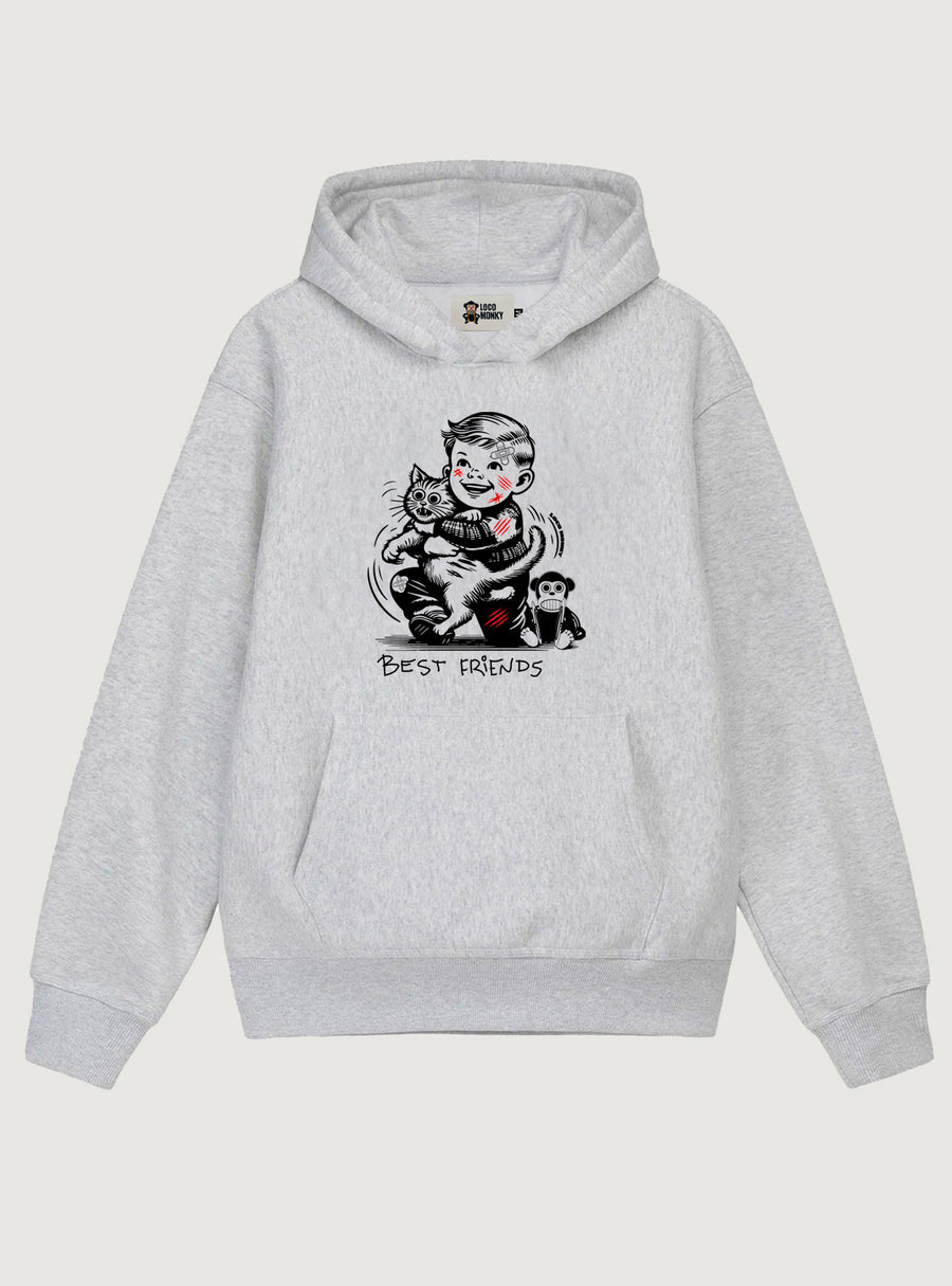 Sudadera Best Friends de Loco Monky heather grey, capucha unisex y diseño urbano en gris jaspeado. Perfecta para el streetwear.