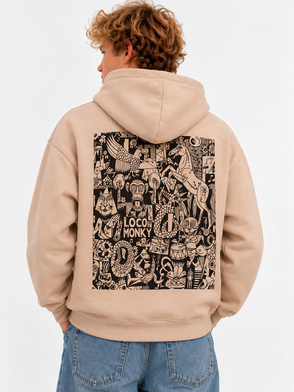 Sudadera beige unisex con diseño gráfico negro en la espalda, logo de Loco Monky visible.