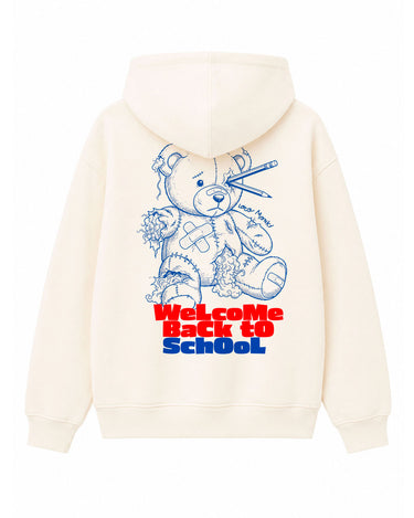 Sudadera unisex blanca con diseño de oso y texto 'Welcome Back to School' en colores azul y rojo.