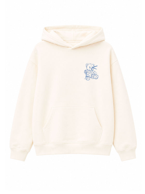Sudadera unisex blanca con capucha y diseño de oso azul en el pecho, bolsillo frontal.