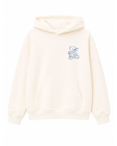 Sudadera unisex blanca con capucha y diseño de oso azul en el pecho, bolsillo frontal.