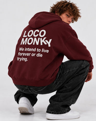 Sudadera unisex color burdeos con capucha, texto blanco en la espalda, modelo agachado en fondo gris.